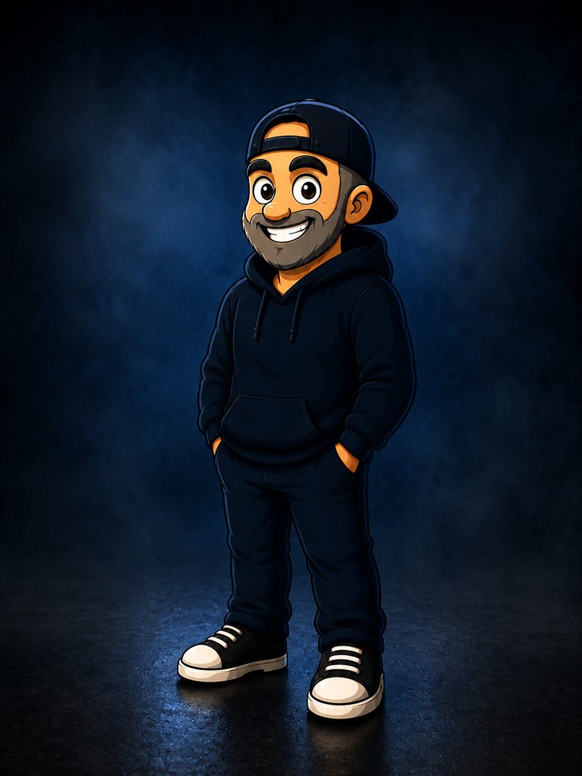 Norwis als gezeichnete Figur mit Cap und dunklem Hoodie